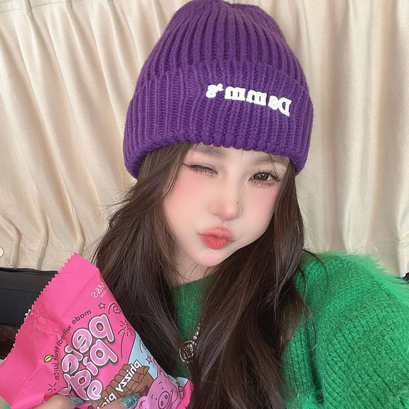 New Autumn and Winter Letter Offset Printing Wool Hat for Women Warm Ear Protection Knitted Hat Korean Style Pullover Hat Cold Hat Trendy