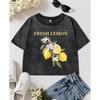 Fresh Lemon Flowers Print Women Washed Slim Short Sleeve Retro O-Neck T-Shirt Cotton Tee Shirts Comfortable Clothes