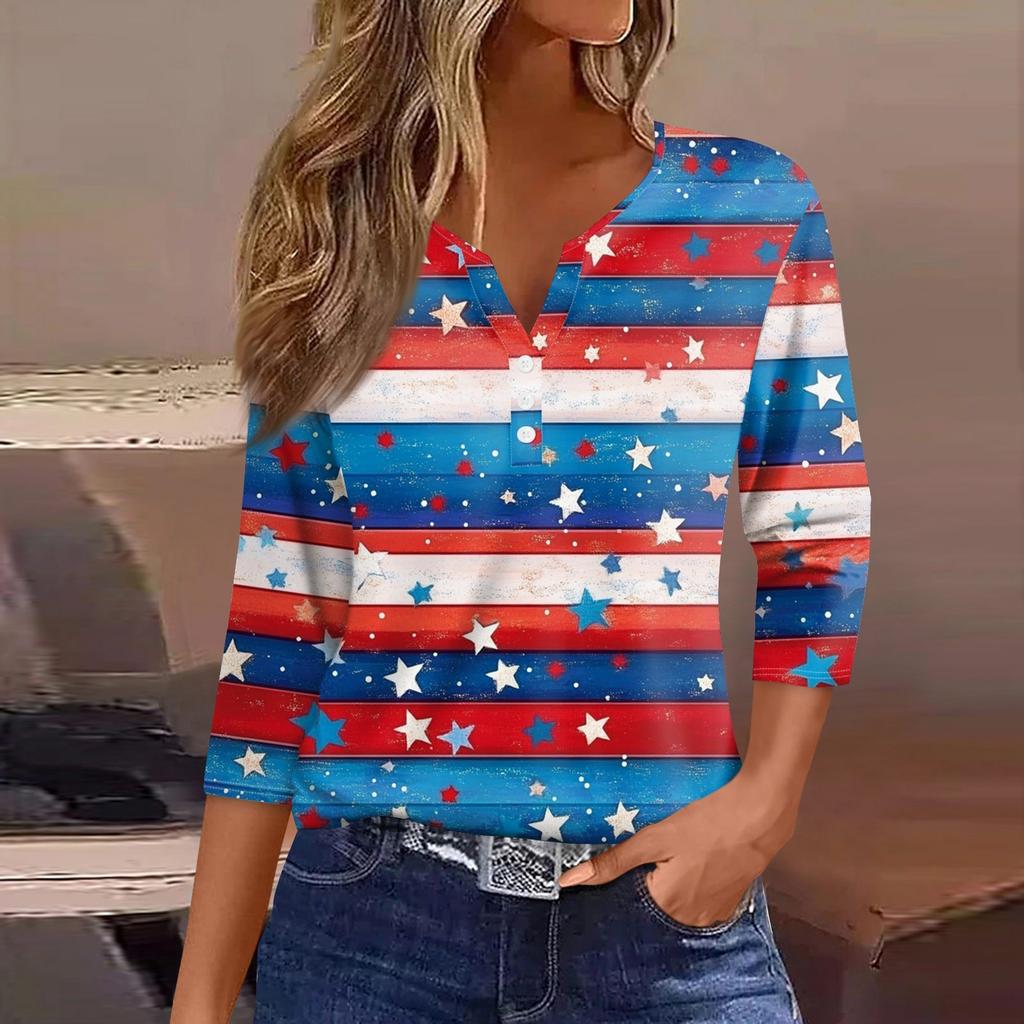 Women's T Shirt Tee Independence Day Printed Button  3/4 Sleeve Tunic Daily Weekend Fashion Basic V- Neck Regular Top