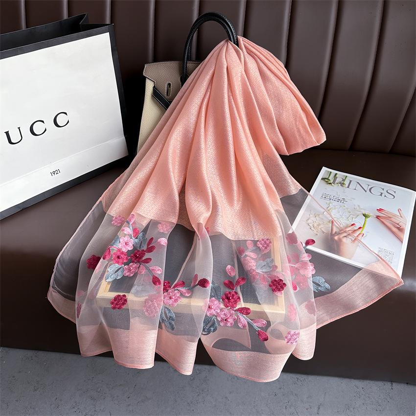 Elegant Silk Wool Embroidered Crabapple Flower Scarf - Double Layer, Thin, Large Shawl, Solid Color, All-Season Accessory.