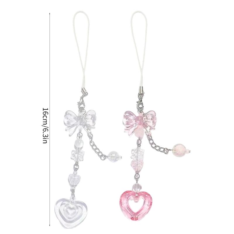 Sweet Bowknot Heart Bead Pendant Phone Straps Lanyard Pocket Keychain Strap