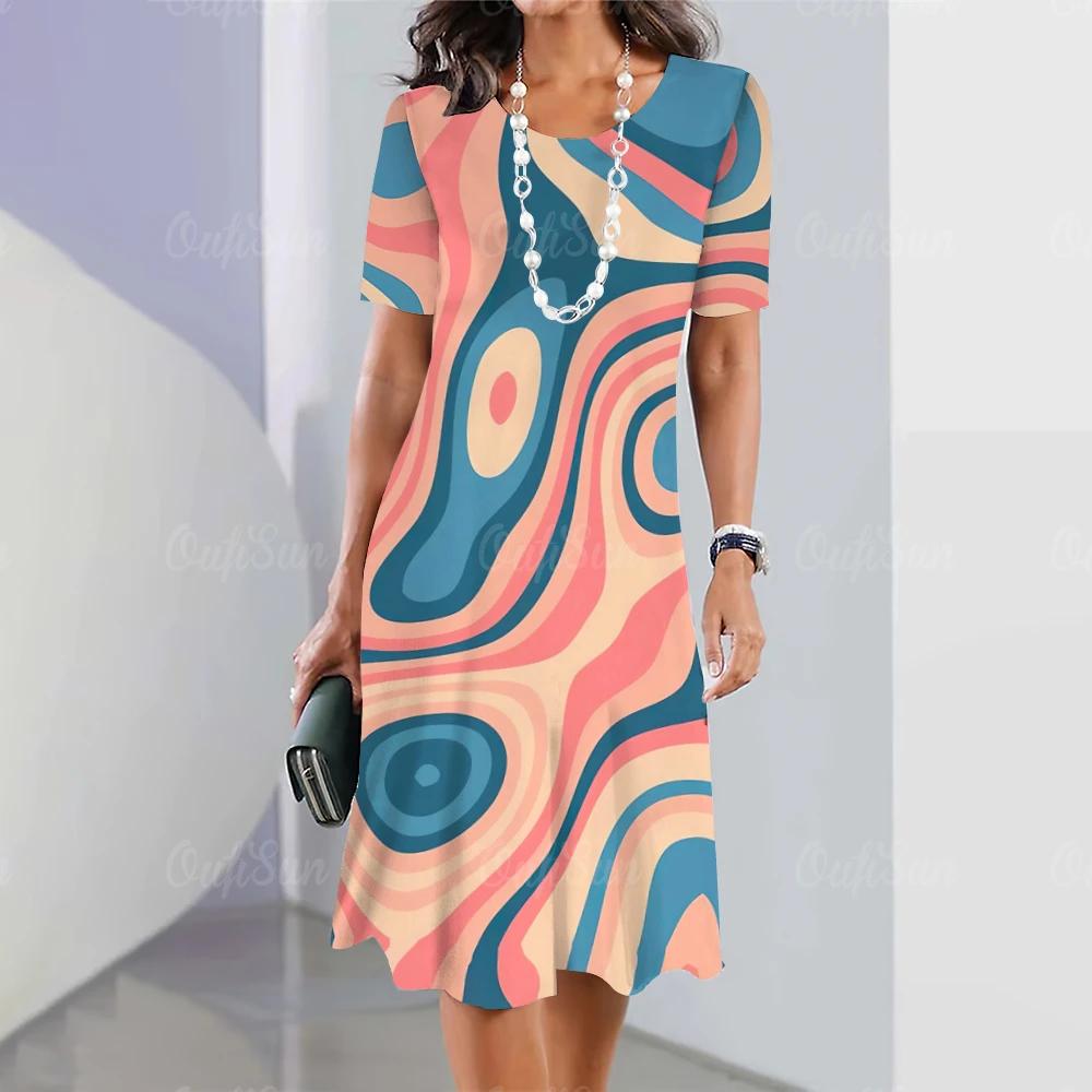 Summer Woman Dresses Women's Round Neck Short Sleeves Clothing Irregularly Streak Print Dress Clothing Loose Pullover Streetwear