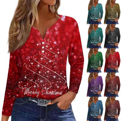 Женская футболка с пуговицами и рождественским принтом, длинный рукав, повседневная, выходного дня, модная, базовая, с V-образным вырезом, обычная