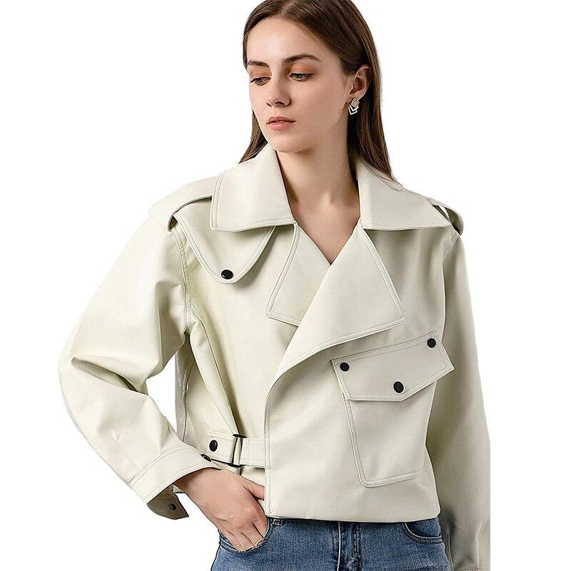 Осенняя короткая куртка из искусственной кожи с отложным воротником, женская мотоциклетная байкерская куртка из искусственной кожи, свободная уличная верхняя одежда в стиле панк