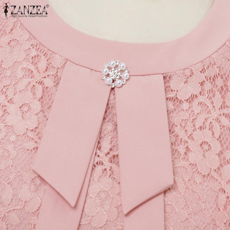 ZANZEA Женская летняя блузка с круглым вырезом, рукавом до локтя и кружевной вставкой