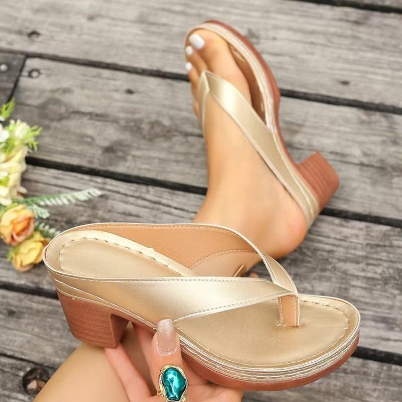 Women Sandals High Quality Summer Sandals Woman Solid Color Mid Heel High Heels Shoes Women Open Toe Flip Flops Sandals Female