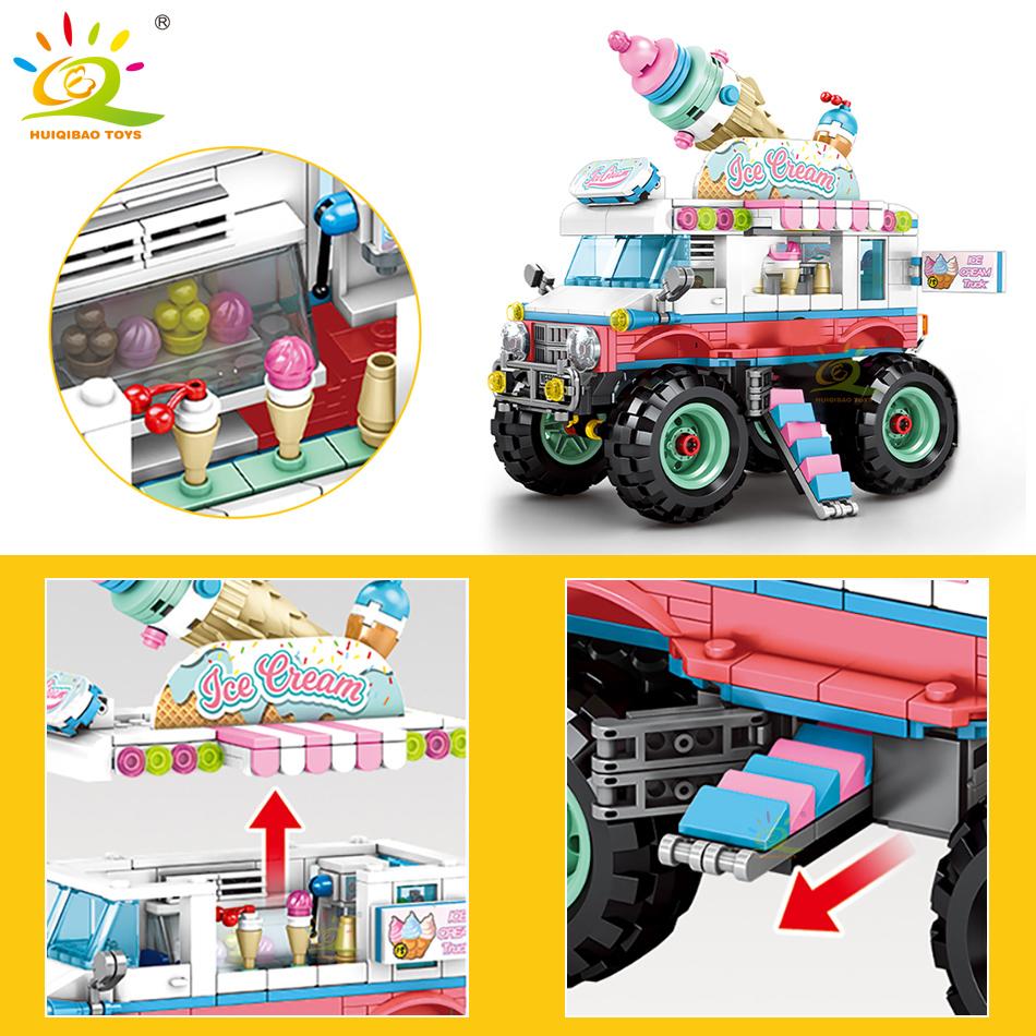 City Outing Bus Ice Cream Burger Shop Car Building Blocks Food Snack Street View Store Van Bricks Toy For Children Girl