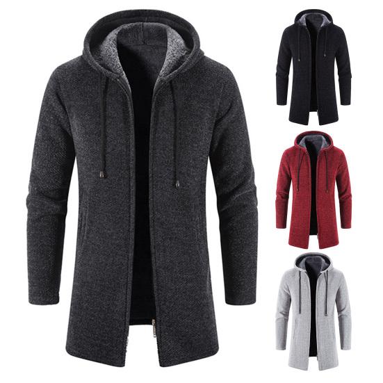 Мужское трикотажное пальто с капюшоном, завязками на шнурке, с длинным рукавом, однотонная куртка с застежкой-молнией