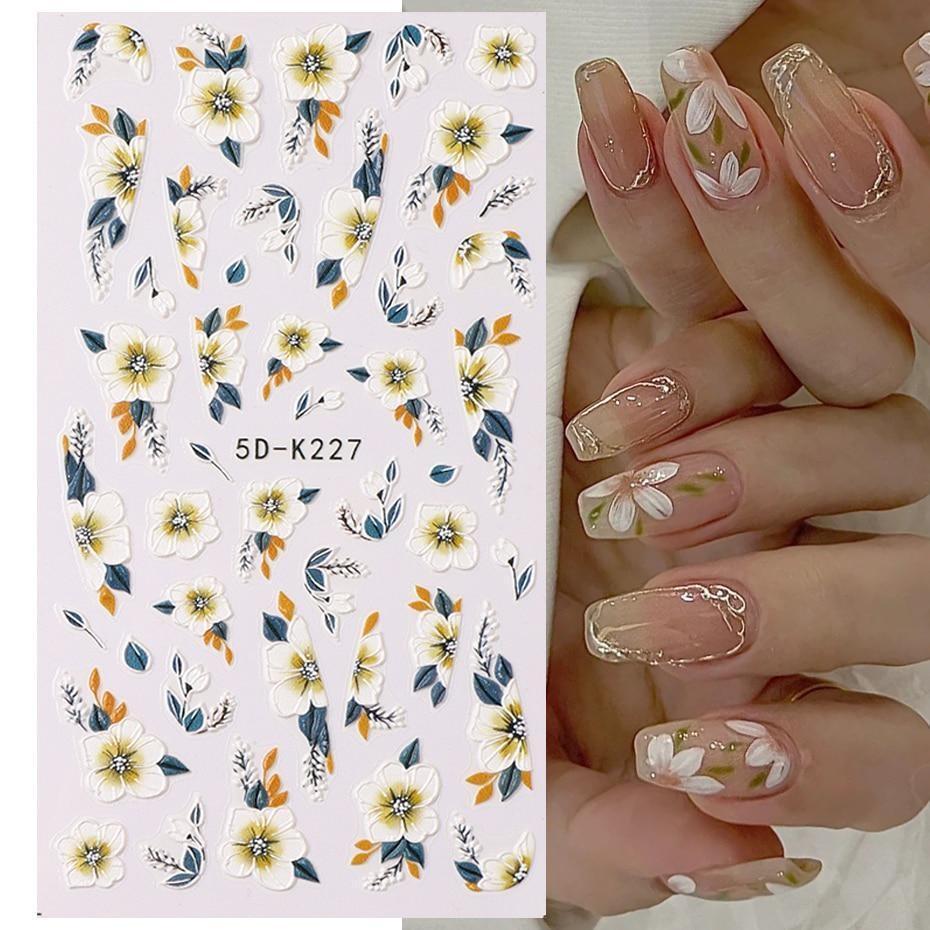 5D акварельные цветочные наклейки для ногтей с голографическими акцентами в виде листьев в фиолетовом и белом цветах