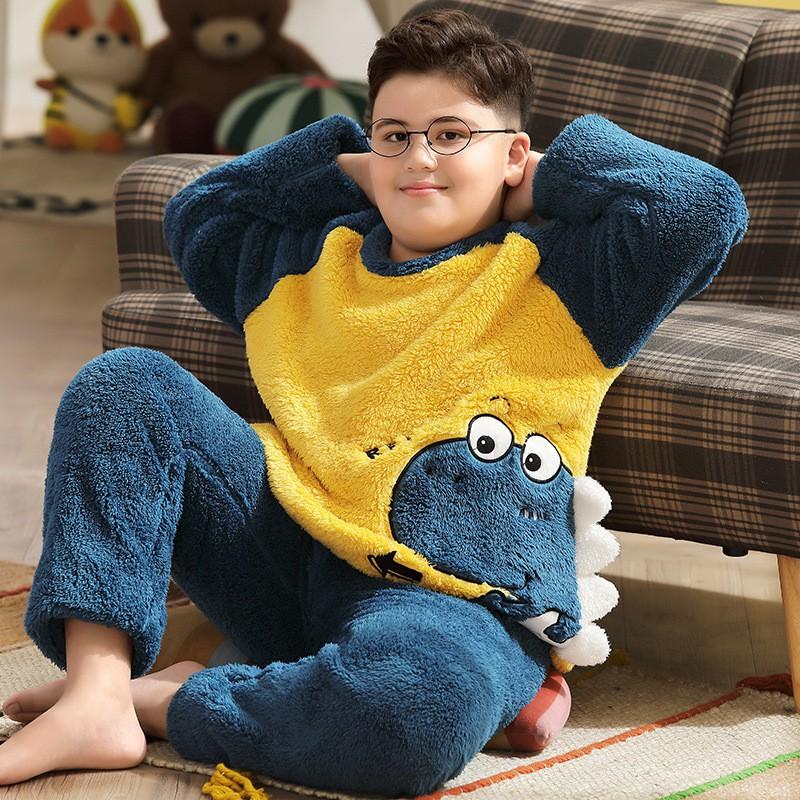 Boys Plus Size Coral Fleece Pajama Set Warm Winter Sleepwear Kids Ages 8 With Cartoon Animal Print