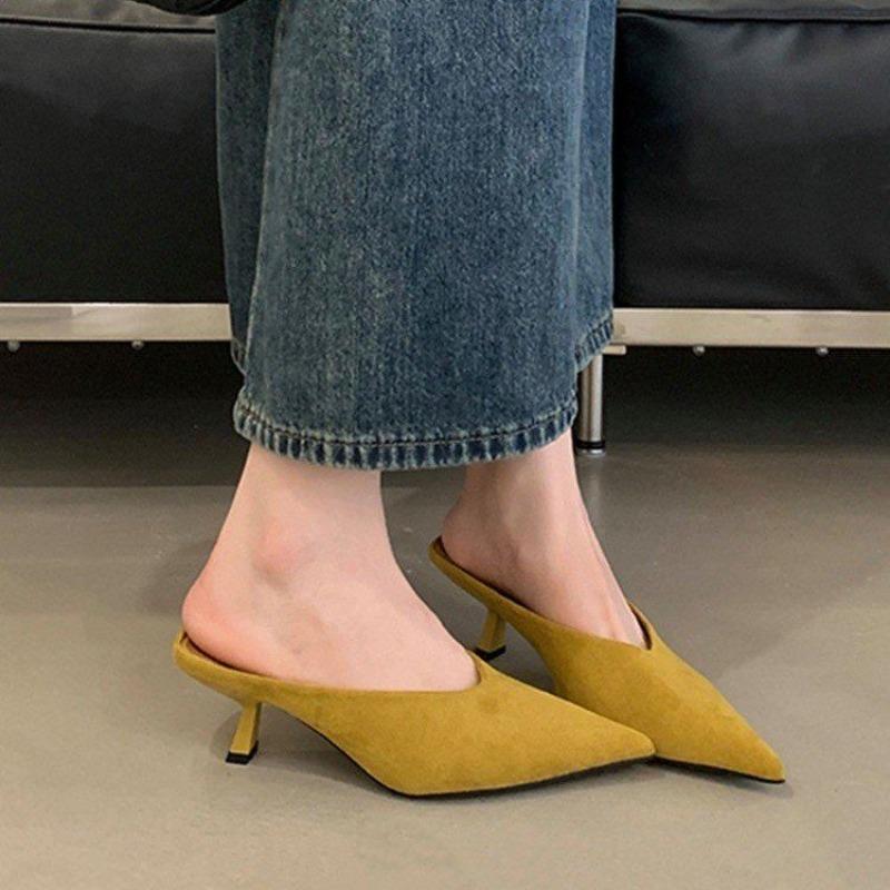 Simple Thin Heel Baotou Slippers Summer New Pointed Toe Mid-buckle Suede Non-slip Wear-resistant Kitten Heels