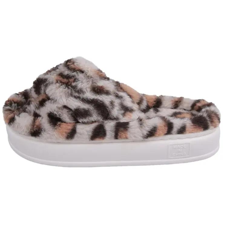 Теплые плюшевые тапочки женские шлепанцы на плоской подошве на среднем каблуке женская обувь с принтом животных милые с надписью на платформе пушистые меховые тапочки обувь