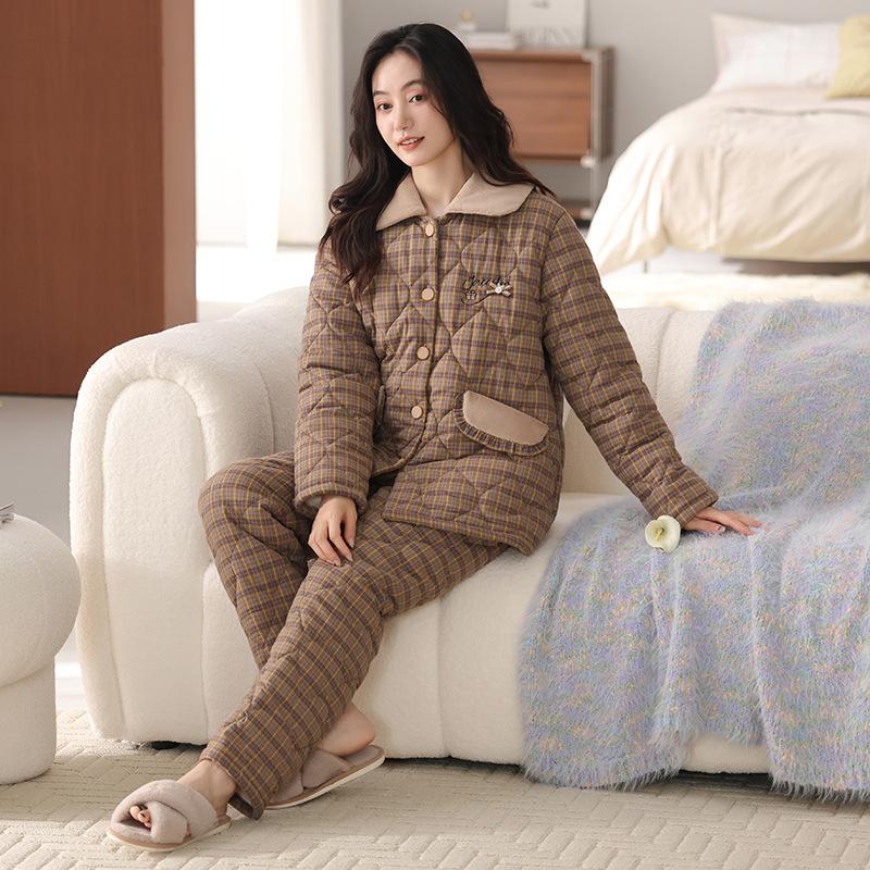 Пижама женская зимняя трехслойная утолщенная из чистого хлопка с хлопковой подкладкой осенне-зимняя бархатная теплая стеганая куртка комплект домашней одежды зимний