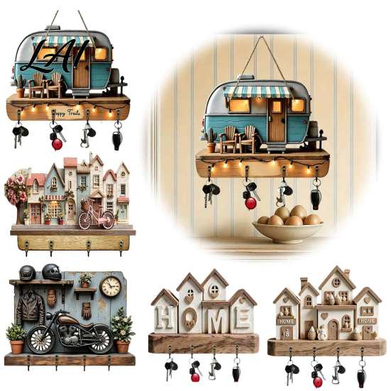 Rustic RV Decor for Entryway Wooden Key Holder Rack Vintage Camping Pattern Rack with 4 Hooks Creative Hanger Entrance 2D Farmhouse Wall Mount