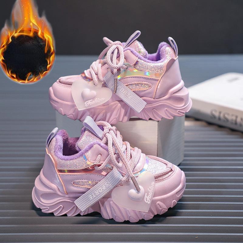 Кроссовки с блестками для девочек, детская модная теплая спортивная обувь для бега