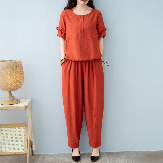 Женский комплект из хлопка и льна, повседневный комплект из 2 предметов: топ с короткими рукавами, круглым вырезом и длинными брюками с карманами, летний свободный домашний костюм