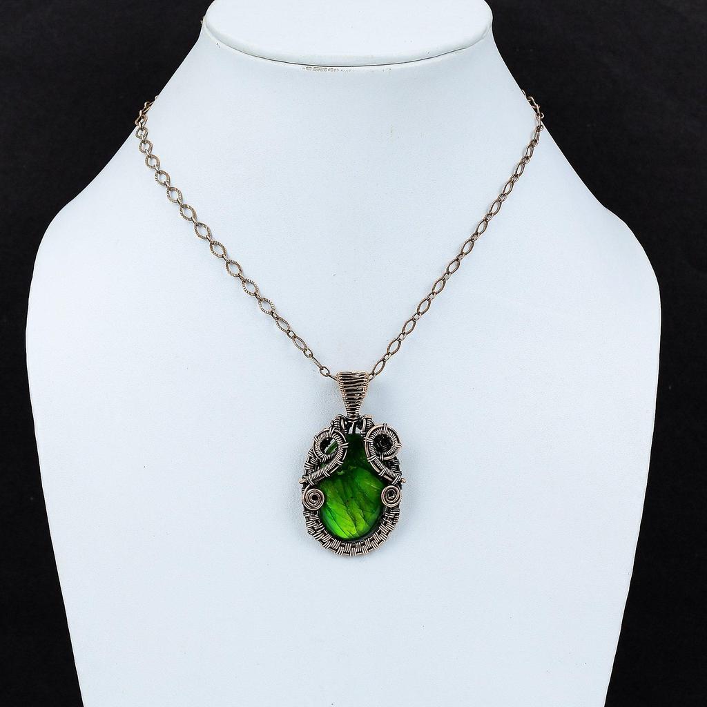 Зеленый огненный лабрадоритовый кулон, медная проволока, обернутая драгоценным камнем, замечательная медная бижутерия, кулон в этническом стиле, ручная работа, ювелирные изделия для подарка