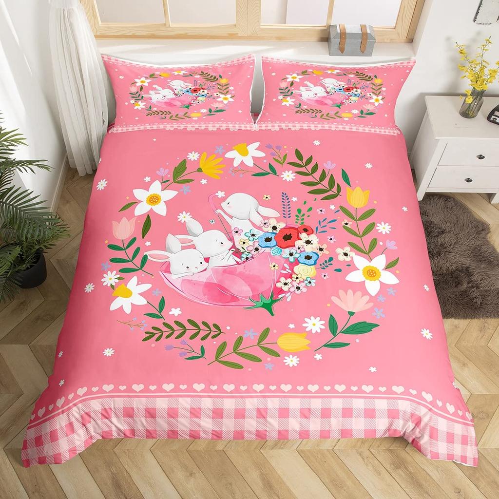 Comforter Kawaii Rabbit Cartoon Animal Bedding Set Geometry Grid Checkered Comforter Colorful Flowers Butterfly Bed Set