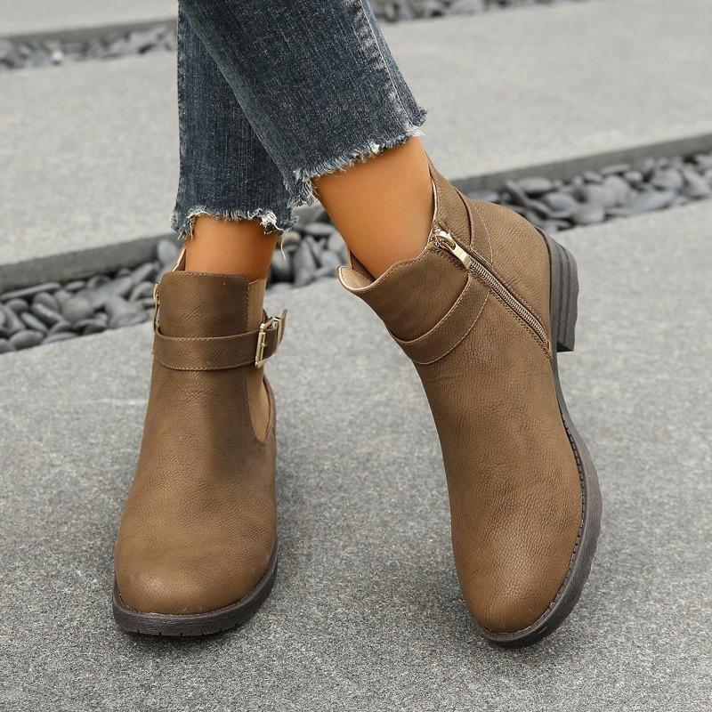 2024 Горячая Распродажа Туфли для женщин Молния Женские сапоги Зимние Круглые Носки Твердые Короткие Ботинки На Низком Каблуке Zapatos De Mujer