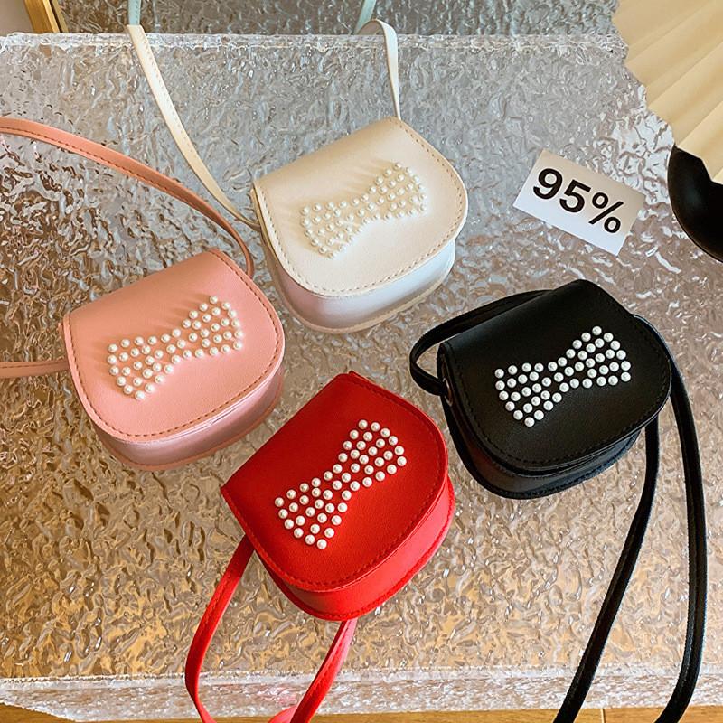 Stylish Mini Pearl Bow Shoulder Bag For Kids In Trendy Black Red Pink And Beige Colors