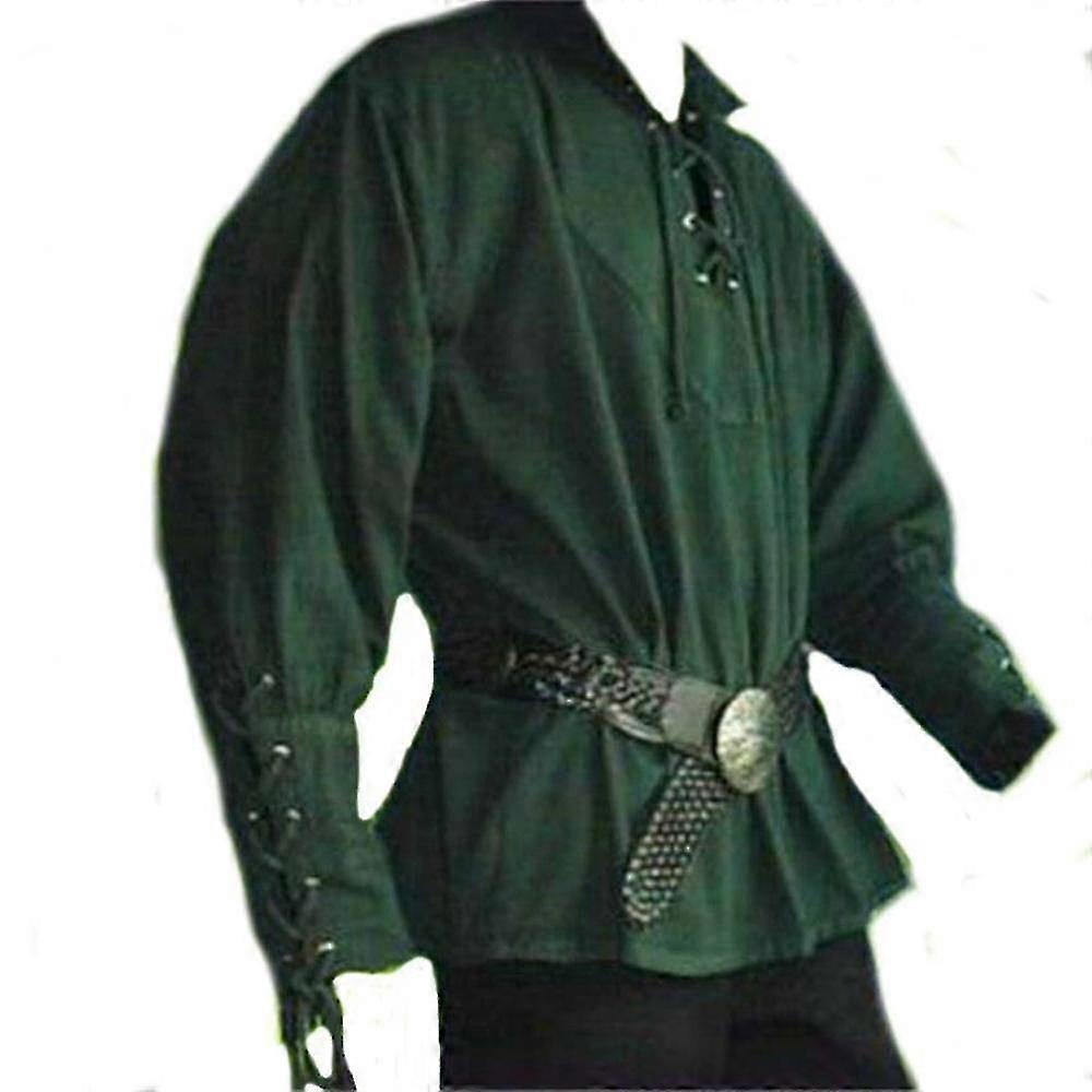 Men Plain Medieval Renaissance Long Sleeve Blouse Shirt Stand Collar Lace Up Tops S