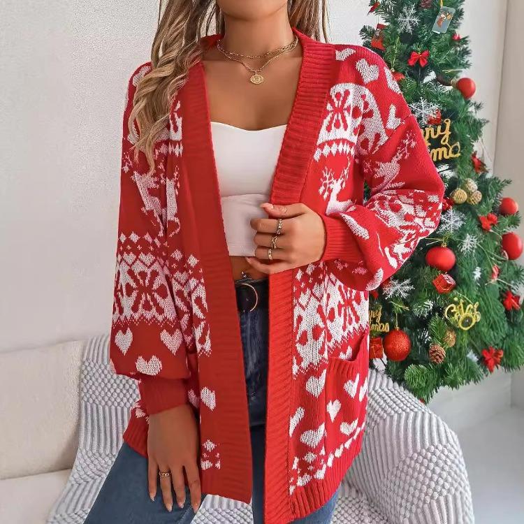 Vintage Christmas Knitwear Cardigan Loose V Neck Sweater Long Sleeve Top Winter Autumn Print Fashion