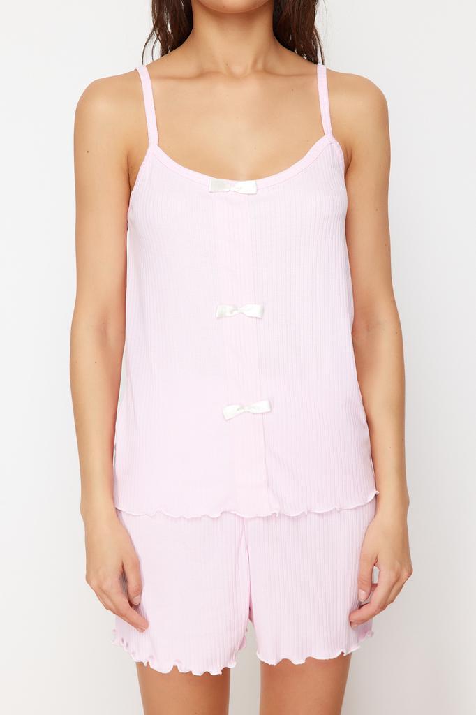 Women's Fashion New Pajama Set Yellow Ribbon Detailed Corded Knitted Pajama Set