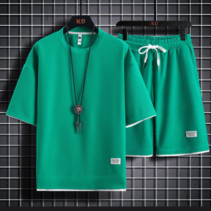 Вафельный короткий рукав мужской летний повседневный спортивный мужской костюм рубашка свитер мужской футболка шорты из двух частей для мужчин