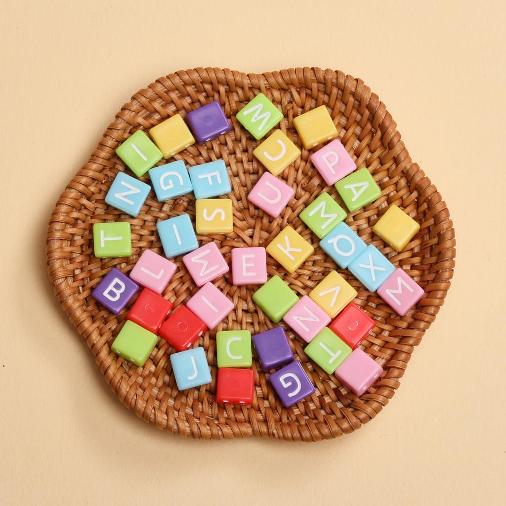 40Pcs 9*7mm Mixed Color Acrylic Flat Square Double Hole Letter Beads DIY Handmade Bracelet Necklace