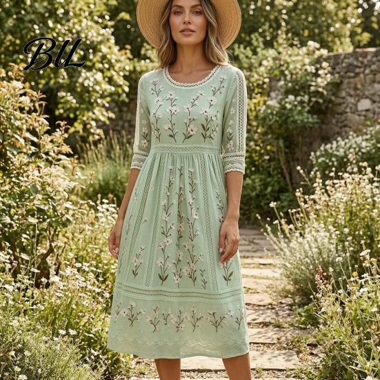 Elegant Daily Wear for Work Dating Autumn Floral Midi Dress Women, Long Sleeve Bohemian A Line Breathable Polyester Fiber Dress Vintage Waist-Cinching
