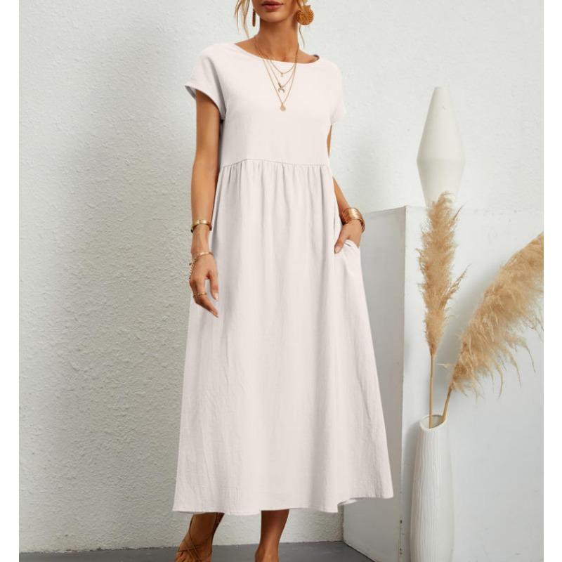 YYFS Женская мода лето весна однотонный принт с коротким рукавом и круглым вырезом свободная талия повседневные платья