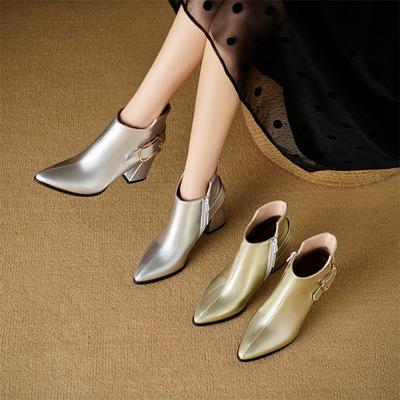 FOREADA Женские ботильоны с острым носком, на массивном высоком каблуке, с пряжкой и молнией, металлические короткие ботинки, женская модная обувь, осень-зима 43