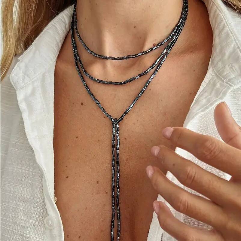 SHIXIN Vintage Acrylic Long Beads Chain Choker Necklace Women Elegant Geometric Pendant Necklace Adjustable Sweater Chain Gifts