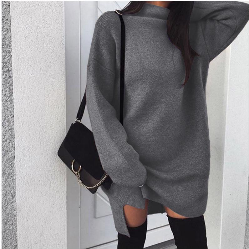 Winter Warm Long Sleeve Women Knitted Slit Sweater Dress  Turtleneck Sweaters  Female Clothes