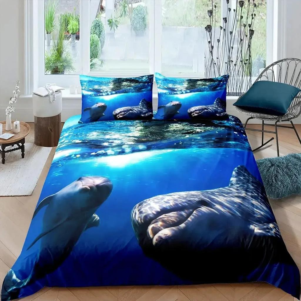 3D Dolphin In Blue Sea Queen King Size Bedding Sets Animal Single Quilt Duvet Cover Set Boys Adult Bed Polyester Bedclothes
