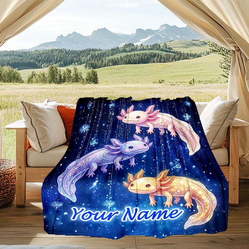 1PC Custom Name Axolotls Stars flannel blanket versatile,all-season throw suitable for the living room,bedroom,camping,travel,and gift