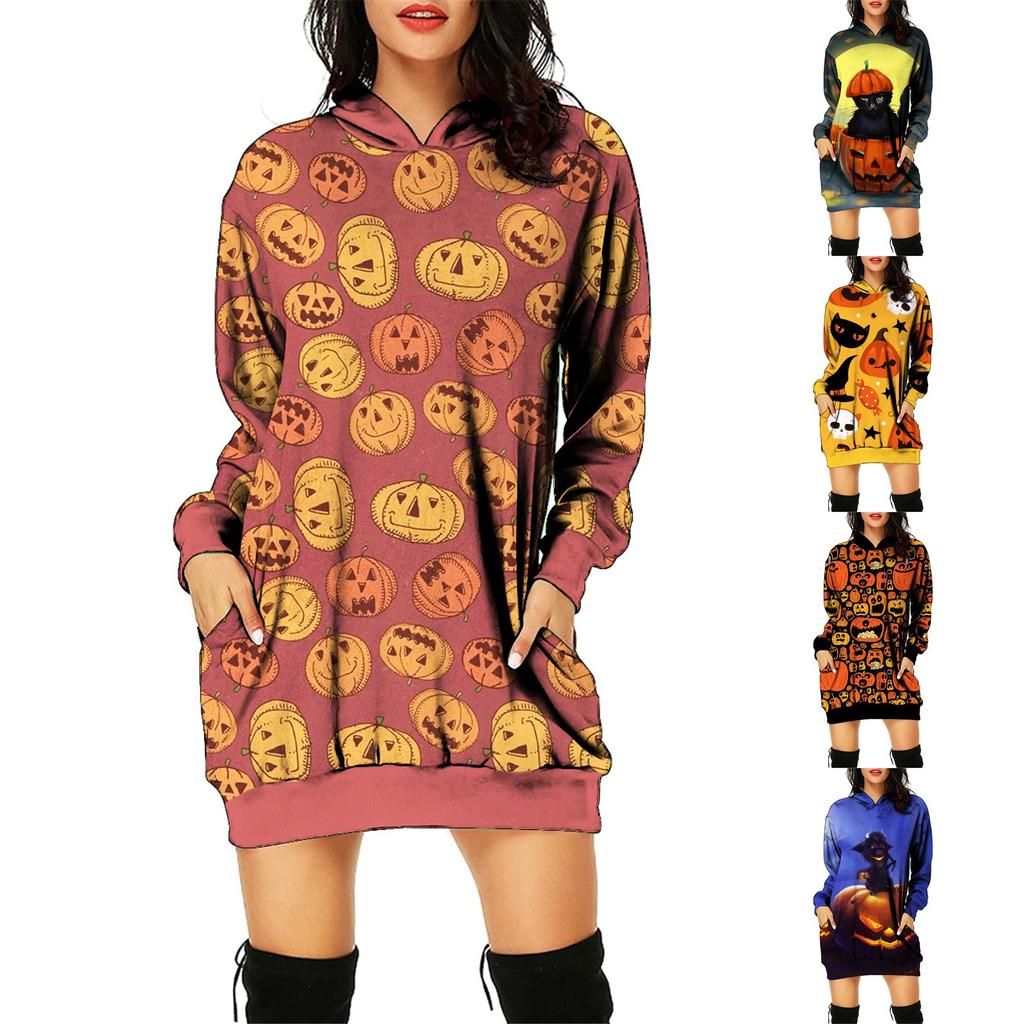Women's And Winter Hooded Sweatshirt Dress Halloween Print Dress