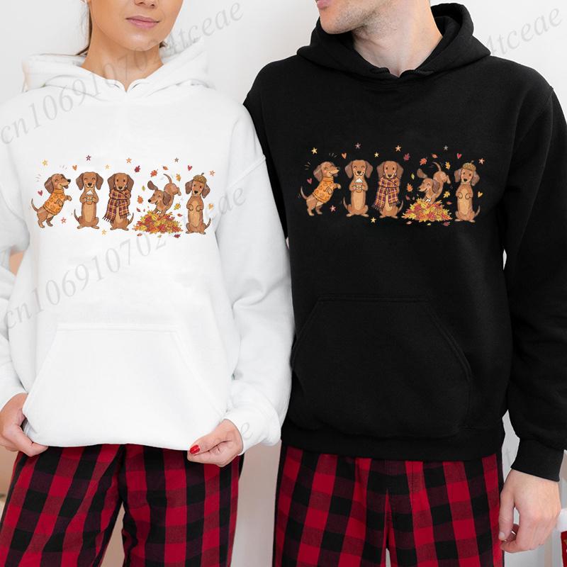 Fall Dachshund Print Men's Hoodies Cute Wiener Dog Sweatshirts Cozy Autumn Dog Hooded Sportwear Doxie Dog Owner Design Hoody