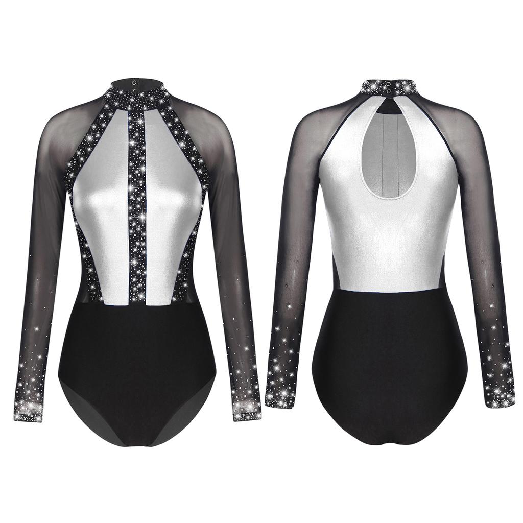 Женский купальник со стразами для балета, гимнастики и танцев, боди с длинными рукавами, костюм для фигурного катания, танца