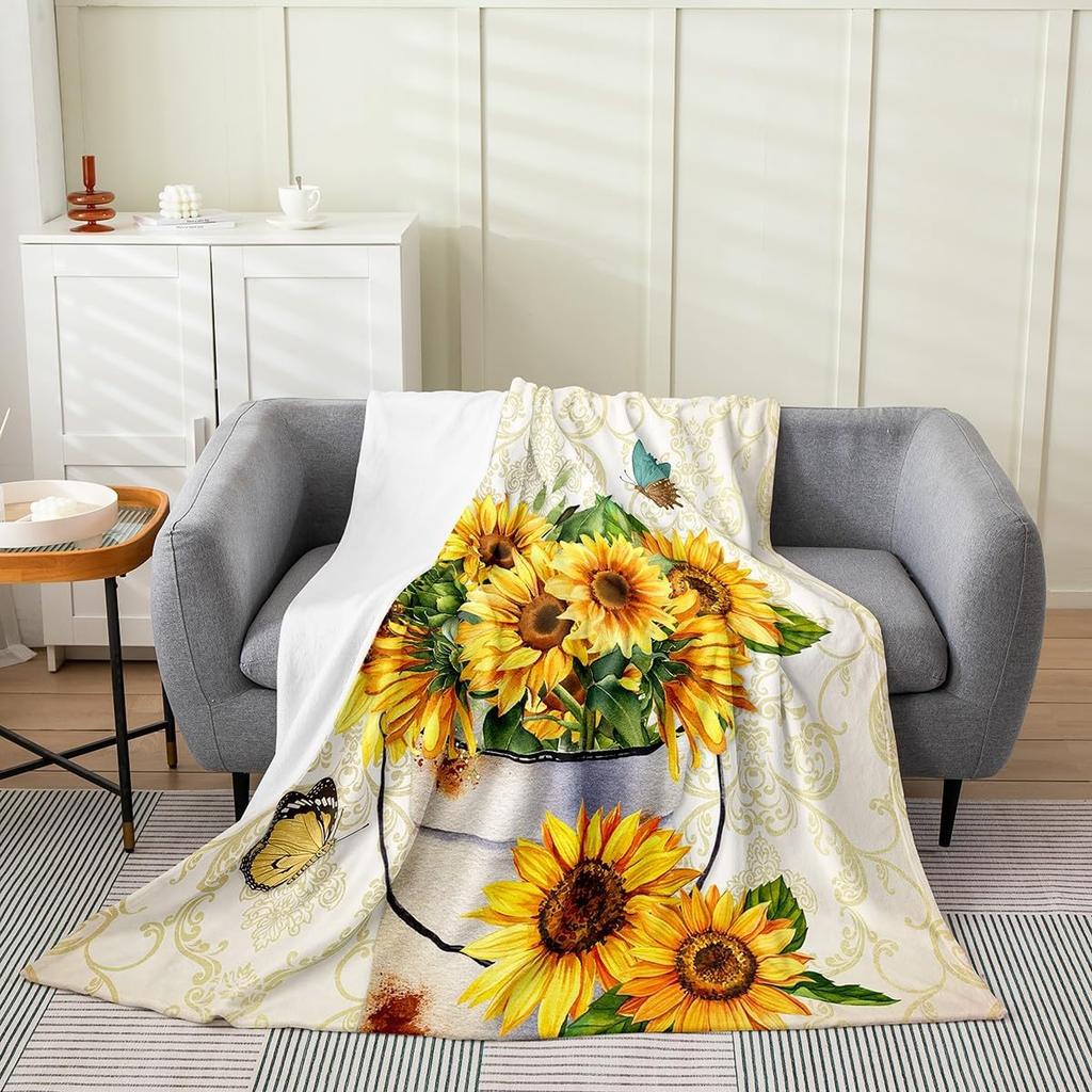 Spring Gnome Throw Blanket,Yellow Sunflowers Fleece Flannel Blanket for Toddler,Floral Truck Fuzzy Blanket,Lovely Bee GnomeDwarf