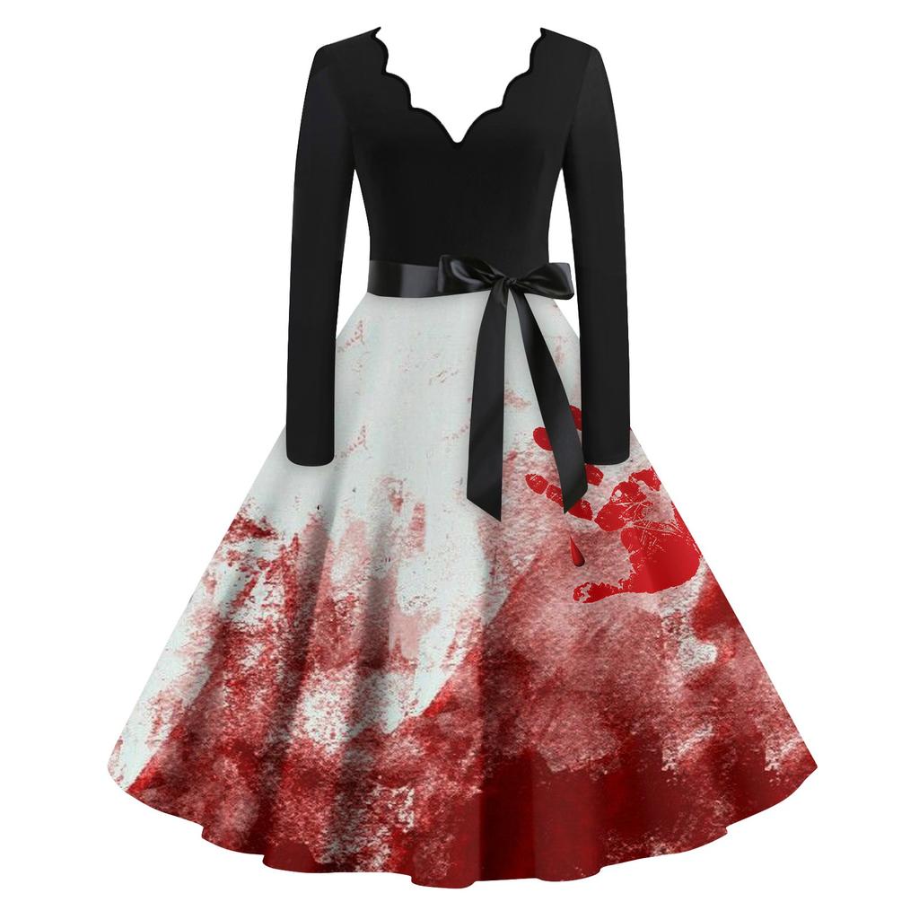 Женские повседневные модные винтажные длинные платья с длинным рукавом на Хэллоуин и графическим принтом