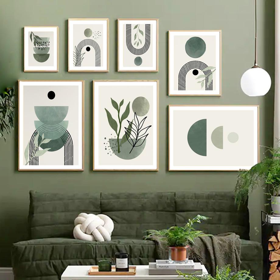 Abstract Geometric Sage Green Botanical Artwork Boho Wall Art Print Canvas Painting Nordic Poster Wall Picture Living Room Decor