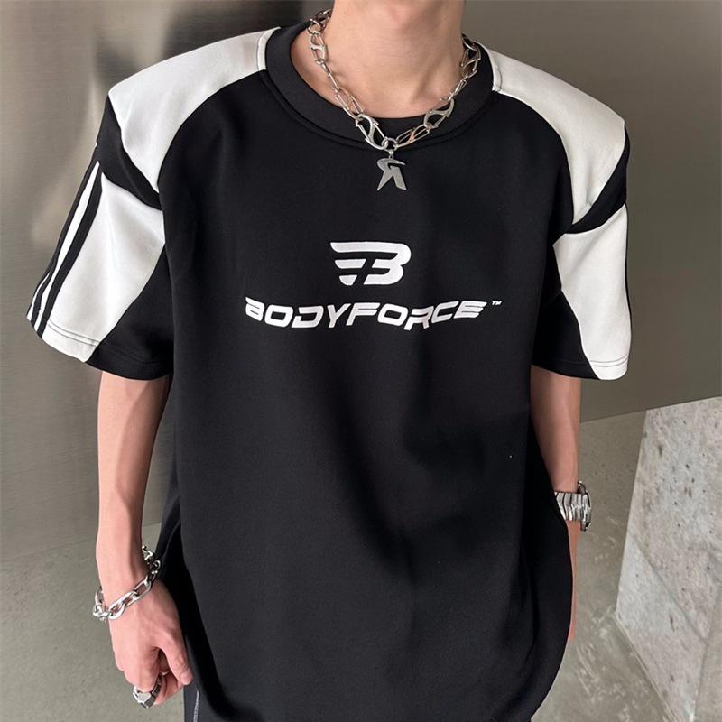 Унисекс футболка с цветными блоками и подплечниками - Мужской повседневный летний топ свободного кроя с коротким рукавом