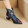Новые сетчатые женские сапоги на толстом каблуке с вышивкой и юбкой из коровьей кожи, полые, классные сапоги, летние, короткие, модные сапоги