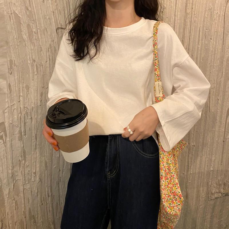 2025 Осень Женский свободный крой с длинными рукавами, однотонный, сладкий базовый топ