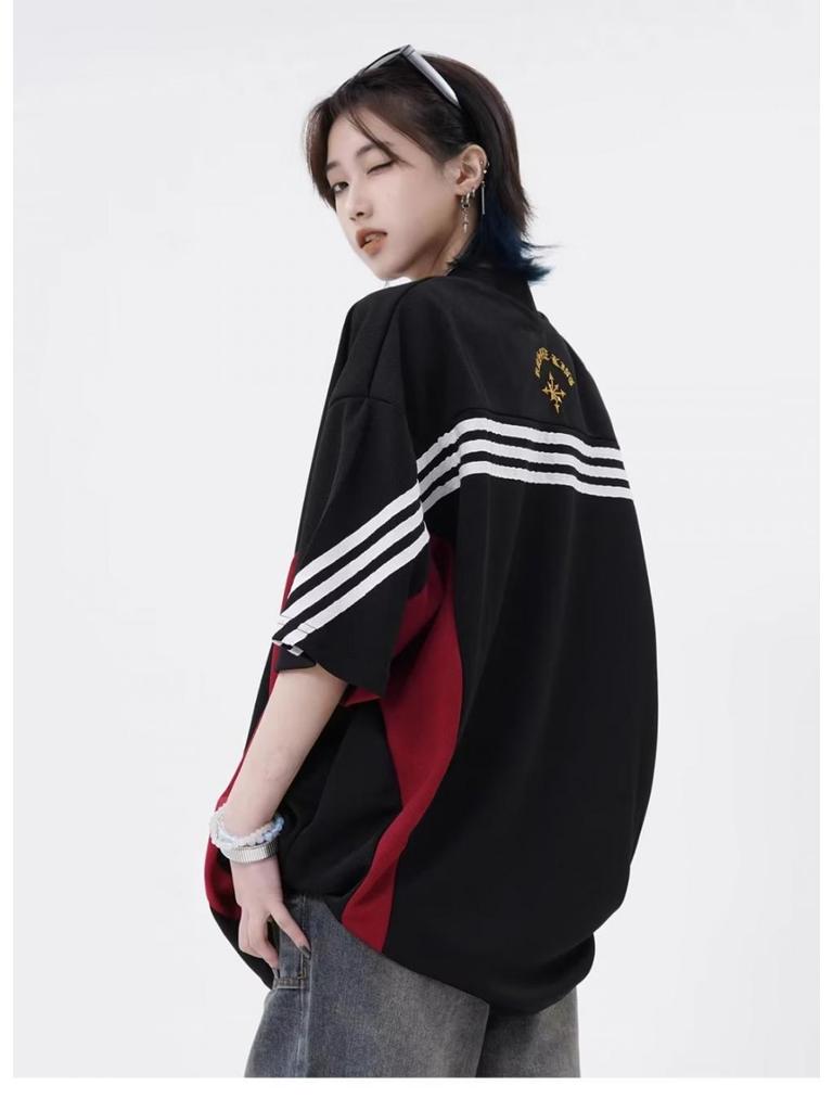 Футболка свободного кроя из джерси с V-образным вырезом и вышивкой в стиле ретро унисекс, короткий рукав, повседневный тренд