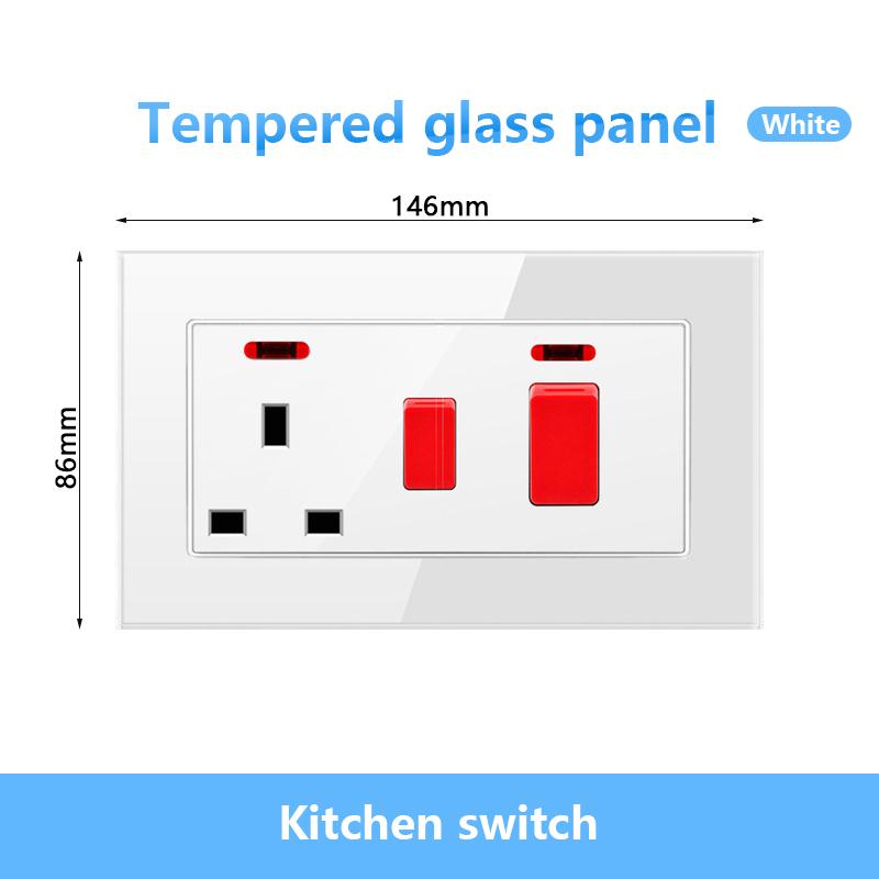 146 UK Standard 45A High Power Kitchen Electric Switch Socket 13A Wall Power Supply Cooker Glass Plastic Aluminum outlet Black