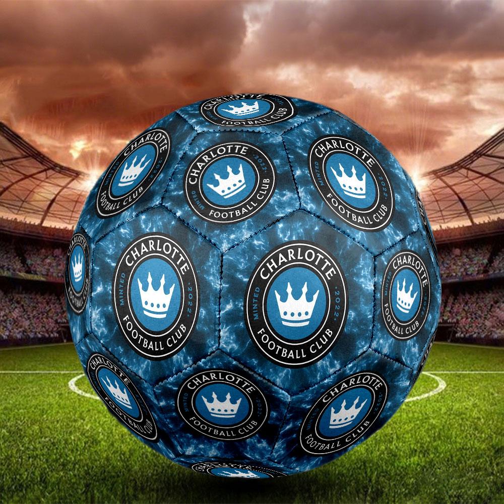 Charlotte FC Size 5 Soccer Ball, Machine-Stitched PVC, Durable & High Bounce, All Ages Fit, fan merchandise, matches & outdoor use.