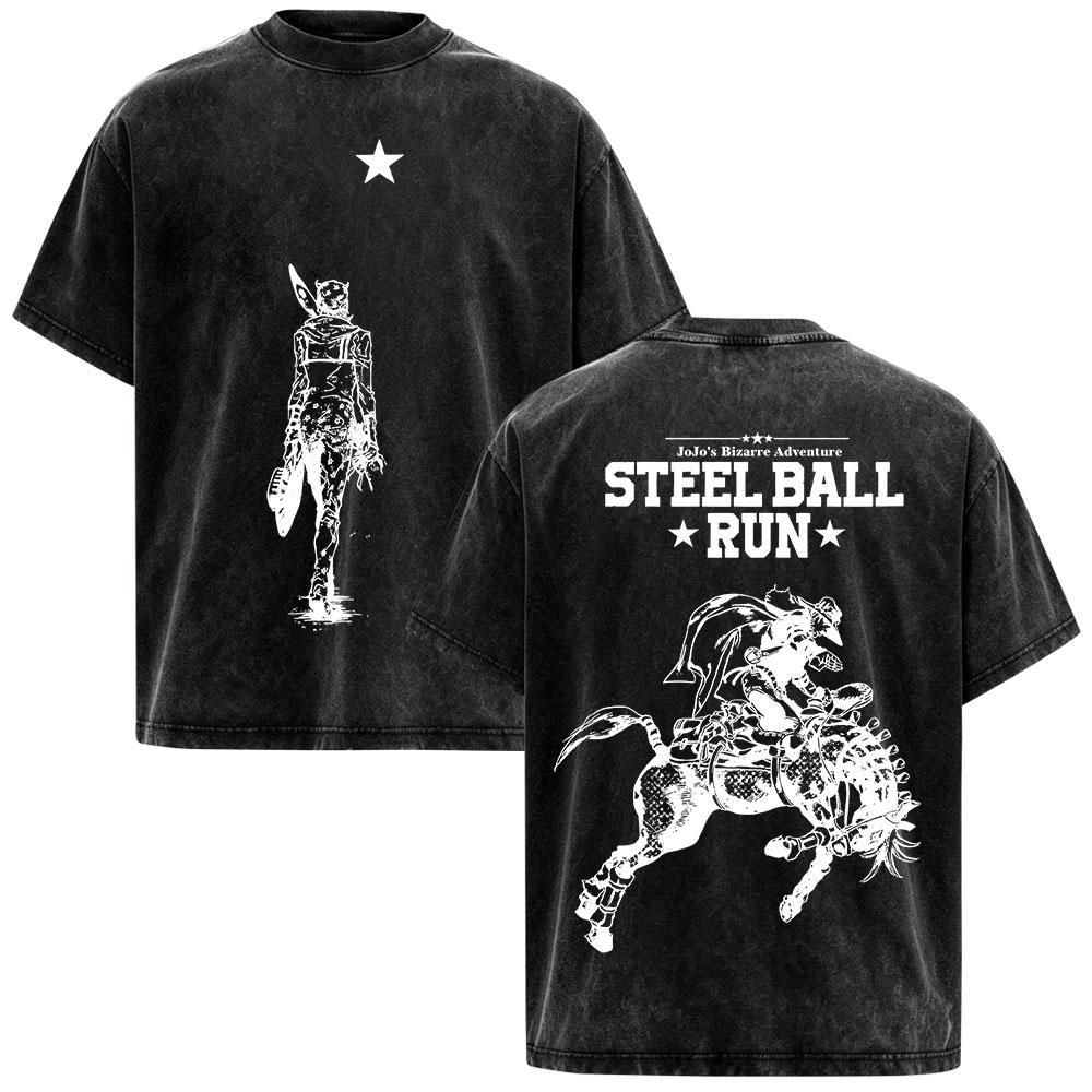 Аниме JoJo's Bizarre Adventure STEEL BALL RUN Джонни Джостар Винтажные стираные футболки Мужские Женские Оверсайз с короткими рукавами Футболки