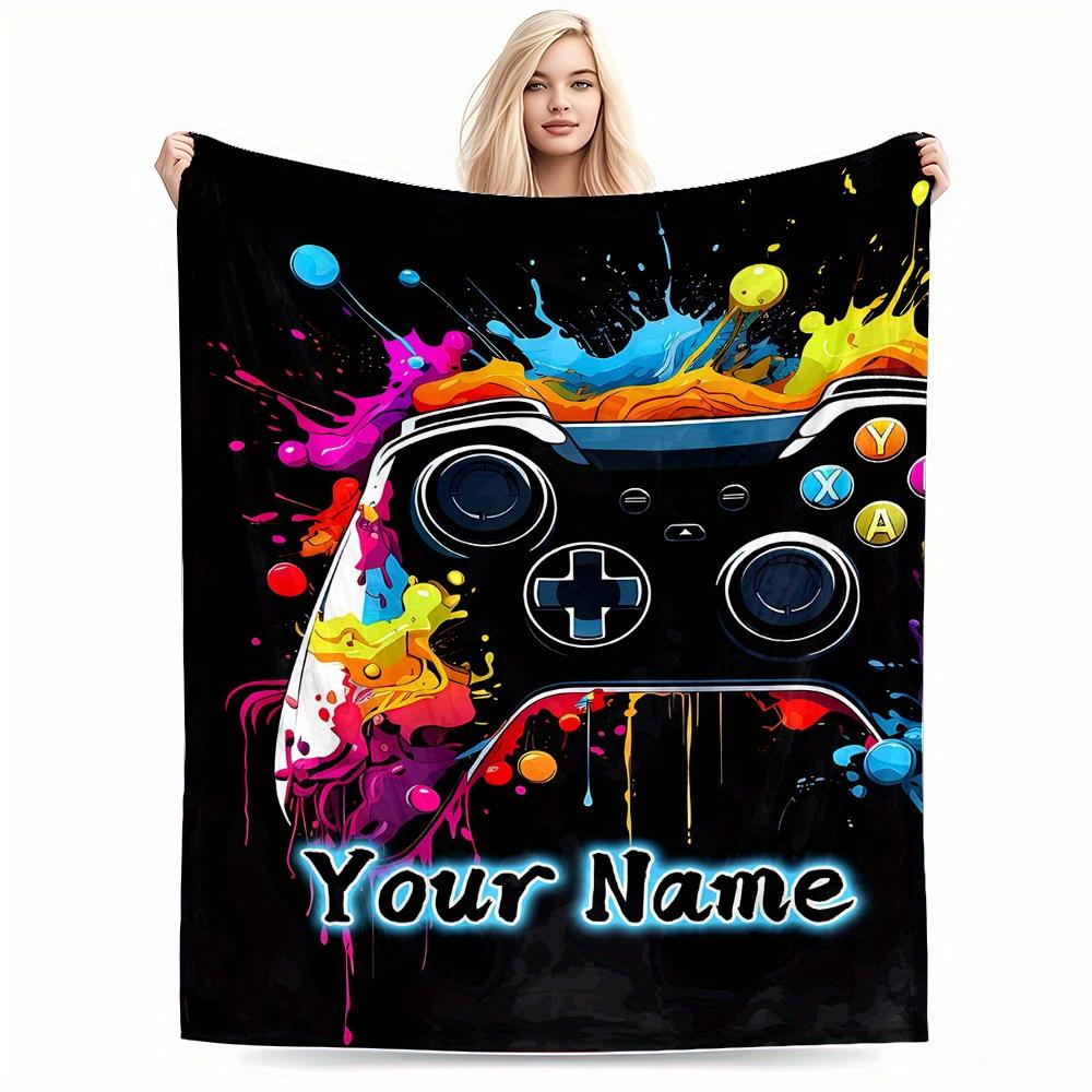 Custom Name Color Splash Game Controller Print Flannel Blanket Soft Throw Blanket for Sofa Bed Couch Gamer Room Decor